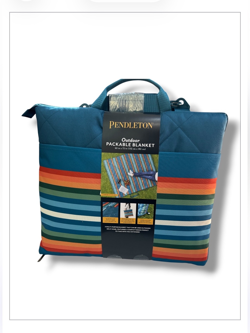 Pendleton Teal Outdoor Blanket with Stripe Panel Tailgating Picnic Beach 60”x72”